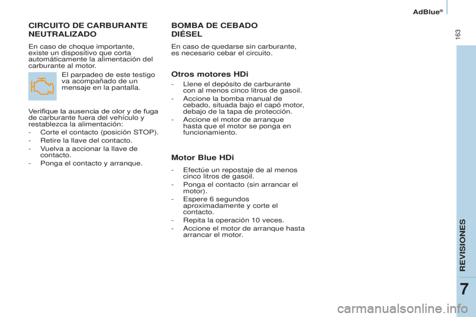 CITROEN BERLINGO MULTISPACE 2017 Manuales de Empleo (in Spanish) 163
Berlingo2VP_es_Chap07_Verification_ed02-2016
AdBlue®
Berlingo2VP_es_Chap07_Verification_ed02-2016
BOMBA DE CEBADO
DIÉSEL
En caso de quedarse sin carburante,
es necesario cebar el circuito CITROEN BERLINGO MULTISPACE 2017 Manuales de Empleo (in Spanish) 163
Berlingo2VP_es_Chap07_Verification_ed02-2016
AdBlue®
Berlingo2VP_es_Chap07_Verification_ed02-2016
BOMBA DE CEBADO
DIÉSEL
En caso de quedarse sin carburante,
es necesario cebar el circuito