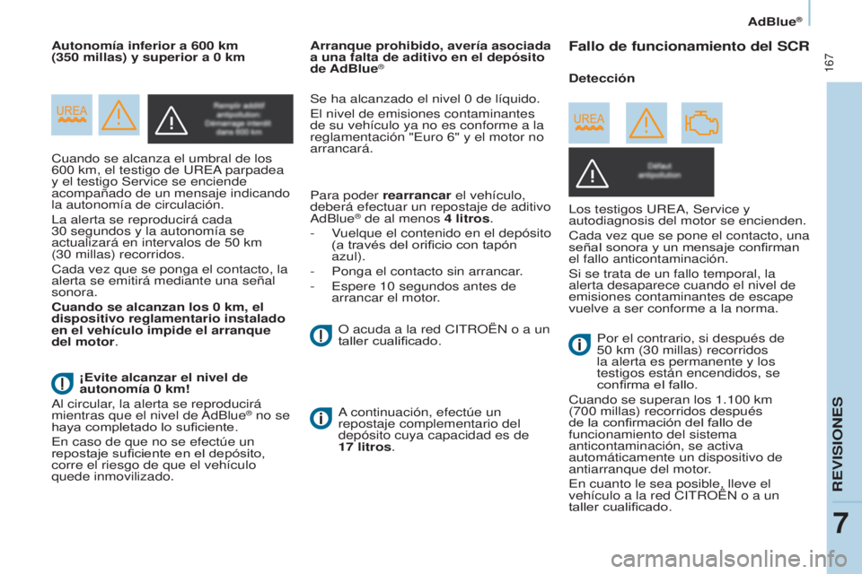 CITROEN BERLINGO MULTISPACE 2017 Manuales de Empleo (in Spanish) 167
Berlingo2VP_es_Chap07_Verification_ed02-2016
AdBlue®
Berlingo2VP_es_Chap07_Verification_ed02-2016
Cuando se alcanza el umbral de los
600 km, el testigo de UREA parpadea
y el testigo Service s CITROEN BERLINGO MULTISPACE 2017 Manuales de Empleo (in Spanish) 167
Berlingo2VP_es_Chap07_Verification_ed02-2016
AdBlue®
Berlingo2VP_es_Chap07_Verification_ed02-2016
Cuando se alcanza el umbral de los
600 km, el testigo de UREA parpadea
y el testigo Service s