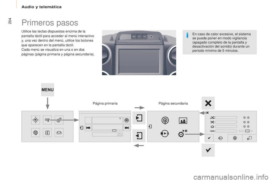 CITROEN BERLINGO MULTISPACE 2017 Manuales de Empleo (in Spanish) Audio y telemática
204
Berlingo2VP_es_Chap10a_SMEGplus_ed02-2016
Primeros pasos
Utilice las teclas dispuestas encima de la
pantalla táctil para acceder al menú interactivo
y, una vez dentro del m CITROEN BERLINGO MULTISPACE 2017 Manuales de Empleo (in Spanish) Audio y telemática
204
Berlingo2VP_es_Chap10a_SMEGplus_ed02-2016
Primeros pasos
Utilice las teclas dispuestas encima de la
pantalla táctil para acceder al menú interactivo
y, una vez dentro del m