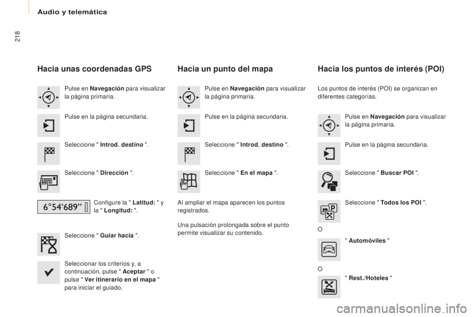 CITROEN BERLINGO MULTISPACE 2017 Manuales de Empleo (in Spanish) Audio y telemática
218
Berlingo2VP_es_Chap10a_SMEGplus_ed02-2016
Hacia unas coordenadas GPS
Seleccione " Introd. destino ".
Seleccione " Dirección ".
Configure la " Latitud: CITROEN BERLINGO MULTISPACE 2017 Manuales de Empleo (in Spanish) Audio y telemática
218
Berlingo2VP_es_Chap10a_SMEGplus_ed02-2016
Hacia unas coordenadas GPS
Seleccione " Introd. destino ".
Seleccione " Dirección ".
Configure la " Latitud: