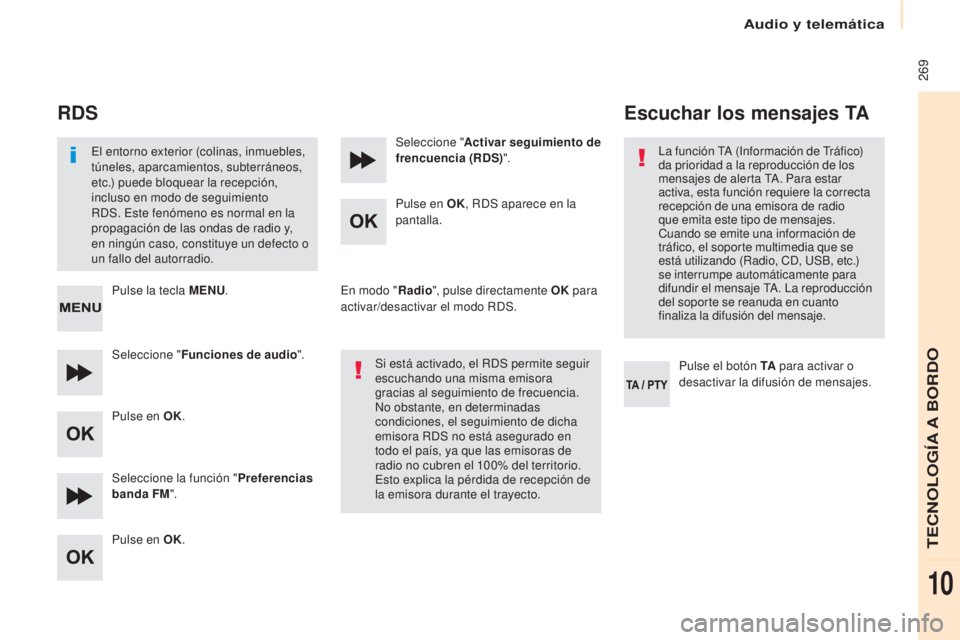 CITROEN BERLINGO MULTISPACE 2017 Manuales de Empleo (in Spanish) 269
Berlingo2VP_es_Chap10b_RD45_ed02-2016
RDS
El entorno exterior (colinas, inmuebles,
túneles, aparcamientos, subterráneos,
etc.) puede bloquear la recepción,
incluso en modo de seguimiento
R CITROEN BERLINGO MULTISPACE 2017 Manuales de Empleo (in Spanish) 269
Berlingo2VP_es_Chap10b_RD45_ed02-2016
RDS
El entorno exterior (colinas, inmuebles,
túneles, aparcamientos, subterráneos,
etc.) puede bloquear la recepción,
incluso en modo de seguimiento
R