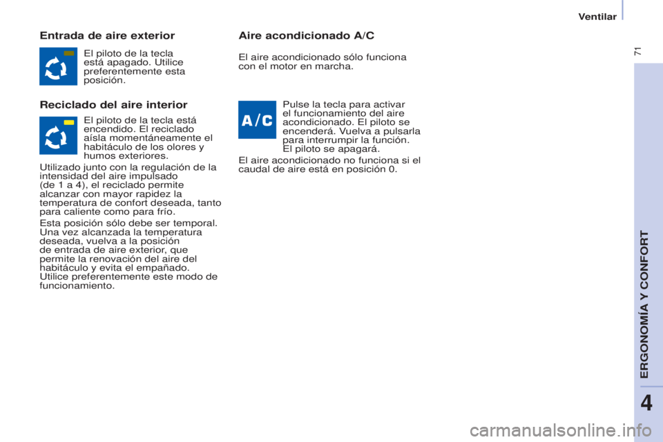 CITROEN BERLINGO MULTISPACE 2017 Manuales de Empleo (in Spanish) 71
Berlingo2VP_es_Chap04_Ergonomie_ed02-2016
Ventilar
Berlingo2VP_es_Chap04_Ergonomie_ed02-2016
Entrada de aire exterior
Reciclado del aire interiorAire acondicionado A/C
El piloto de la tecla
está CITROEN BERLINGO MULTISPACE 2017 Manuales de Empleo (in Spanish) 71
Berlingo2VP_es_Chap04_Ergonomie_ed02-2016
Ventilar
Berlingo2VP_es_Chap04_Ergonomie_ed02-2016
Entrada de aire exterior
Reciclado del aire interiorAire acondicionado A/C
El piloto de la tecla
está