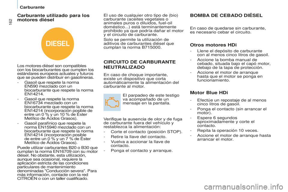 CITROEN BERLINGO MULTISPACE 2016 Manuales de Empleo (in Spanish) DIESEL
162
Berlingo-2-VP_es_Chap07_Verification_ed01-2016
CIRCUITO DE CARBURANTE
NEUTRALIzADO
en caso de choque importante,
existe un dispositivo que corta
automáticamente la alimentación del
ca CITROEN BERLINGO MULTISPACE 2016 Manuales de Empleo (in Spanish) DIESEL
162
Berlingo-2-VP_es_Chap07_Verification_ed01-2016
CIRCUITO DE CARBURANTE
NEUTRALIzADO
en caso de choque importante,
existe un dispositivo que corta
automáticamente la alimentación del
ca