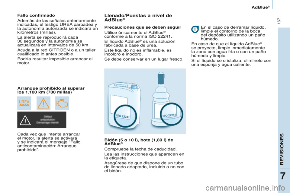 CITROEN BERLINGO MULTISPACE 2016 Manuales de Empleo (in Spanish) 167
Berlingo-2-VP_es_Chap07_Verification_ed01-2016
AdBlue®
Fallo confirmado
además de las señales anteriormente
indicadas, el testigo uRea parpadea y
la autonomía autorizada se indicará en
ki CITROEN BERLINGO MULTISPACE 2016 Manuales de Empleo (in Spanish) 167
Berlingo-2-VP_es_Chap07_Verification_ed01-2016
AdBlue®
Fallo confirmado
además de las señales anteriormente
indicadas, el testigo uRea parpadea y
la autonomía autorizada se indicará en
ki