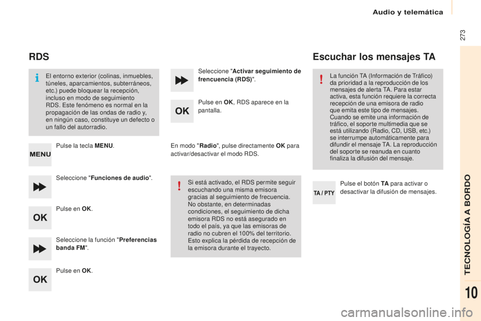 CITROEN BERLINGO MULTISPACE 2016 Manuales de Empleo (in Spanish) 273
Berlingo-2-VP_es_Chap10b_Rd45_ed01-2016
RDS
el entorno exterior (colinas, inmuebles,
t úneles, aparcamientos, subterráneos,
etc.) puede bloquear la recepción,
incluso en modo de seguimiento CITROEN BERLINGO MULTISPACE 2016 Manuales de Empleo (in Spanish) 273
Berlingo-2-VP_es_Chap10b_Rd45_ed01-2016
RDS
el entorno exterior (colinas, inmuebles,
t úneles, aparcamientos, subterráneos,
etc.) puede bloquear la recepción,
incluso en modo de seguimiento