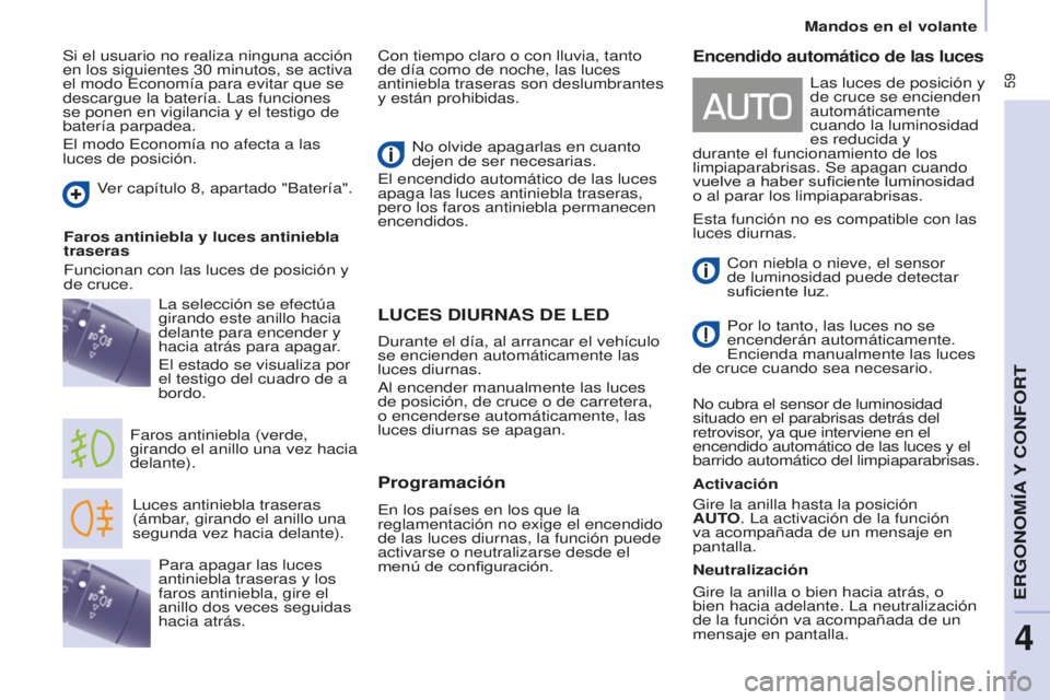 CITROEN BERLINGO MULTISPACE 2016  Manuales de Empleo (in Spanish)  59
Mandos en el volante
Berlingo-2-VP_es_Chap04_ergonomie_ed01-2016
LUCES DIURNAS DE LED
luces antiniebla traseras 
(ámbar, girando el anillo  una 
segunda vez hacia delante).
Faros antiniebla (verd