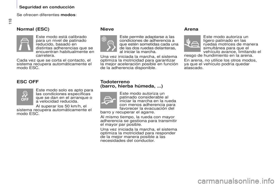 CITROEN BERLINGO MULTISPACE 2015 Manuales de Empleo (in Spanish) 11 8
Berlingo-2-VP_es_Chap05_Securite_ed01-2015
Se ofrecen diferentes modos:
Normal (ESC)
ESC OFFNieve
este permite adaptarse a las
condiciones de adherencia a
que estén sometidas cada una
de las CITROEN BERLINGO MULTISPACE 2015 Manuales de Empleo (in Spanish) 11 8
Berlingo-2-VP_es_Chap05_Securite_ed01-2015
Se ofrecen diferentes modos:
Normal (ESC)
ESC OFFNieve
este permite adaptarse a las
condiciones de adherencia a
que estén sometidas cada una
de las