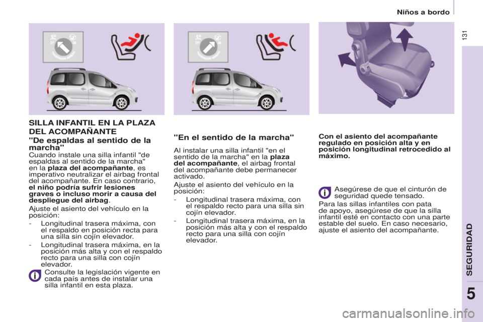 CITROEN BERLINGO MULTISPACE 2015 Manuales de Empleo (in Spanish) 131
Berlingo-2-VP_es_Chap05_Securite_ed01-2015
SILLA INFANTIL EN LA PLA z A
DEL
ACOMPA ñ ANTE
Consulte la legislación vigente en
cada país antes de instalar una
silla infantil en esta pla CITROEN BERLINGO MULTISPACE 2015 Manuales de Empleo (in Spanish) 131
Berlingo-2-VP_es_Chap05_Securite_ed01-2015
SILLA INFANTIL EN LA PLA z A
DEL
ACOMPA ñ ANTE
Consulte la legislación vigente en
cada país antes de instalar una
silla infantil en esta pla