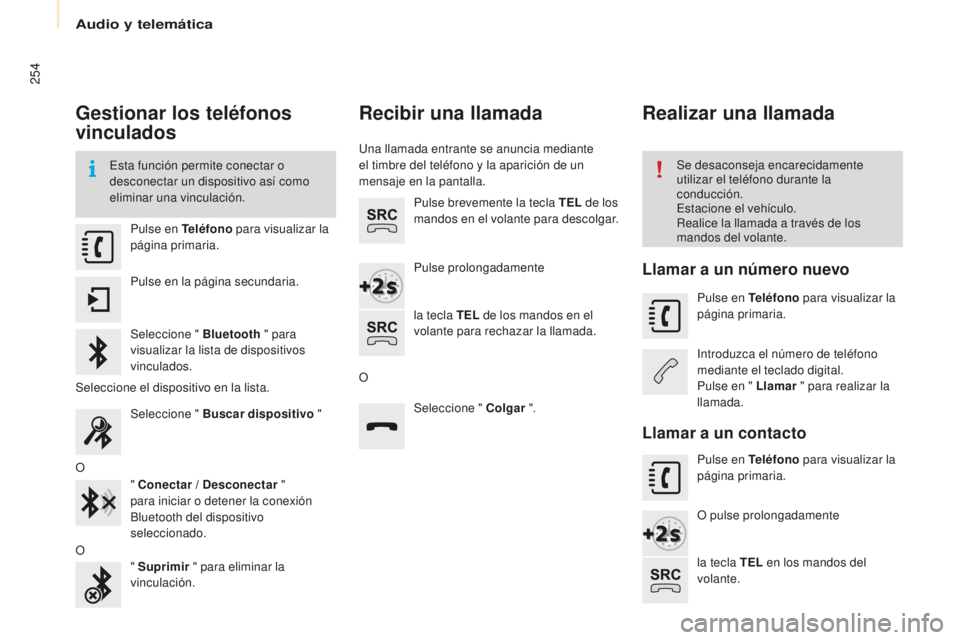 CITROEN BERLINGO MULTISPACE 2015 Manuales de Empleo (in Spanish) 254
Berlingo-2-VP_es_Chap10a_SMeGplus_ed01-2015
Gestionar los teléfonos
vinculados
esta función permite conectar o
desconectar un dispositivo así como
eliminar una vinculación.Se desaconseja en CITROEN BERLINGO MULTISPACE 2015 Manuales de Empleo (in Spanish) 254
Berlingo-2-VP_es_Chap10a_SMeGplus_ed01-2015
Gestionar los teléfonos
vinculados
esta función permite conectar o
desconectar un dispositivo así como
eliminar una vinculación.Se desaconseja en