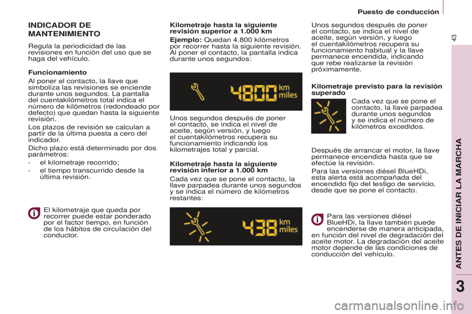 CITROEN BERLINGO MULTISPACE 2015  Manuales de Empleo (in Spanish) Berlingo-2-VP_es_Chap03_Pret-a-partir_ed01-2015
43
INDICADOR DE 
MANTENIMIENT
O
Regula la periodicidad de las 
revisiones en función del uso que se 
haga del vehículo. Kilometraje hasta la siguiente
