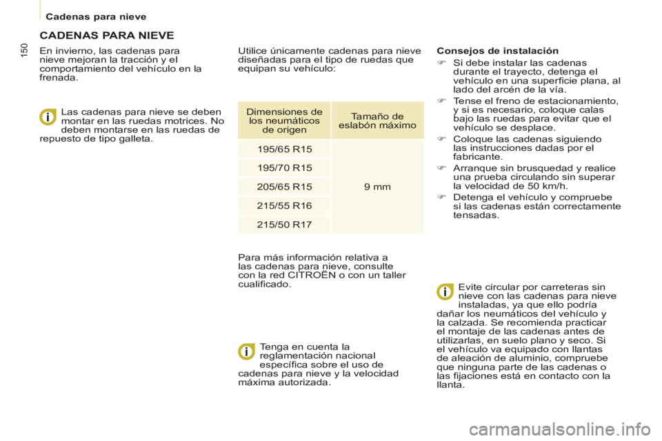 CITROEN BERLINGO MULTISPACE 2014 Manuales de Empleo (in Spanish) Cadenas para nieve
Berlingo-2-VP-papier_es_Chap07_Aide rapide_ed01-2014
150
CADENAS PARA NIEVE
En invierno, las cadenas para
nieve mejoran la tracción y el
comportamiento del veh CITROEN BERLINGO MULTISPACE 2014 Manuales de Empleo (in Spanish) Cadenas para nieve
Berlingo-2-VP-papier_es_Chap07_Aide rapide_ed01-2014
150
CADENAS PARA NIEVE
En invierno, las cadenas para
nieve mejoran la tracción y el
comportamiento del veh