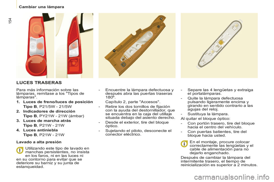 CITROEN BERLINGO MULTISPACE 2014 Manuales de Empleo (in Spanish) Cambiar una lámpara
Berlingo-2-VP-papier_es_Chap07_Aide rapide_ed01-2014
154
LUCES TRASERAS
- Encuentre la lámpara defectuosa y después abra las puertas traseras
180º.
Ca CITROEN BERLINGO MULTISPACE 2014 Manuales de Empleo (in Spanish) Cambiar una lámpara
Berlingo-2-VP-papier_es_Chap07_Aide rapide_ed01-2014
154
LUCES TRASERAS
- Encuentre la lámpara defectuosa y después abra las puertas traseras
180º.
Ca