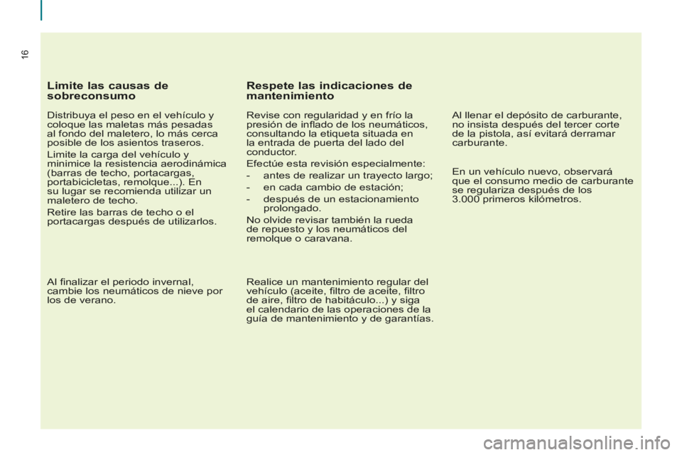 CITROEN BERLINGO MULTISPACE 2014 Manuales de Empleo (in Spanish) 16
Berlingo-2-VP-papier_es_Chap01_Prise en Main_ed01-2014
Limite las causas de
sobreconsumo
Distribuya el peso en el vehículo y
coloque las maletas más pesadas
al fondo del maletero, lo más CITROEN BERLINGO MULTISPACE 2014 Manuales de Empleo (in Spanish) 16
Berlingo-2-VP-papier_es_Chap01_Prise en Main_ed01-2014
Limite las causas de
sobreconsumo
Distribuya el peso en el vehículo y
coloque las maletas más pesadas
al fondo del maletero, lo más
