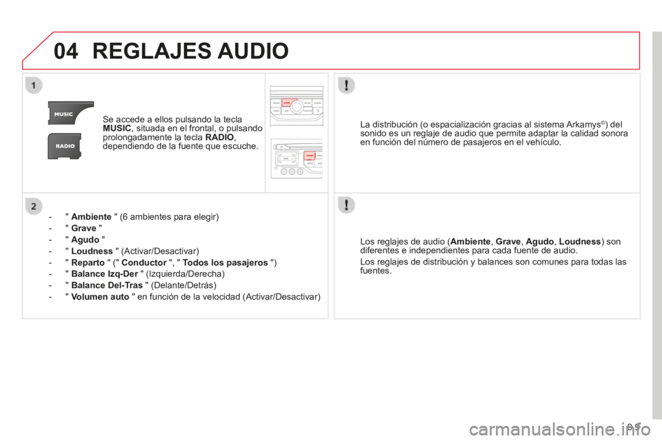 CITROEN BERLINGO MULTISPACE 2014 Manuales de Empleo (in Spanish) 9.9
04
Berlingo-2-VP-papier_es_Chap09b_RT6-2-7_ed01-2014
REGLAJES AUDIO
Se accede a ellos pulsando la tecla MUSIC , situada en el frontal, o pulsando prolongadamente la tecla RADIO , dependiend CITROEN BERLINGO MULTISPACE 2014 Manuales de Empleo (in Spanish) 9.9
04
Berlingo-2-VP-papier_es_Chap09b_RT6-2-7_ed01-2014
REGLAJES AUDIO
Se accede a ellos pulsando la tecla MUSIC , situada en el frontal, o pulsando prolongadamente la tecla RADIO , dependiend