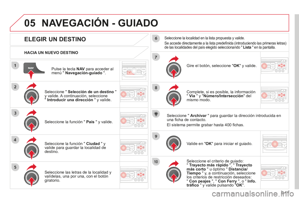 CITROEN BERLINGO MULTISPACE 2014 Manuales de Empleo (in Spanish) 9.11
05
Berlingo-2-VP-papier_es_Chap09b_RT6-2-7_ed01-2014
Pulse la tecla N AV para acceder al menú " Navegación-guiado ".
HACIA UN NUEVO DESTINO
NAVEGACIÓN - GUIADO
ELEG CITROEN BERLINGO MULTISPACE 2014 Manuales de Empleo (in Spanish) 9.11
05
Berlingo-2-VP-papier_es_Chap09b_RT6-2-7_ed01-2014
Pulse la tecla N AV para acceder al menú " Navegación-guiado ".
HACIA UN NUEVO DESTINO
NAVEGACIÓN - GUIADO
ELEG