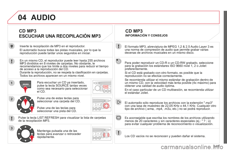 CITROEN BERLINGO MULTISPACE 2014 Manuales de Empleo (in Spanish) 9.69
04
Berlingo-2-VP-papier_es_Chap09c_RD45_ed01_2014
El formato MP3, abreviatura de MPEG 1,2 & 2.5 Audio Layer 3 es una norma de compresión de audio que permite grabar varias decenas de archivos CITROEN BERLINGO MULTISPACE 2014 Manuales de Empleo (in Spanish) 9.69
04
Berlingo-2-VP-papier_es_Chap09c_RD45_ed01_2014
El formato MP3, abreviatura de MPEG 1,2 & 2.5 Audio Layer 3 es una norma de compresión de audio que permite grabar varias decenas de archivos