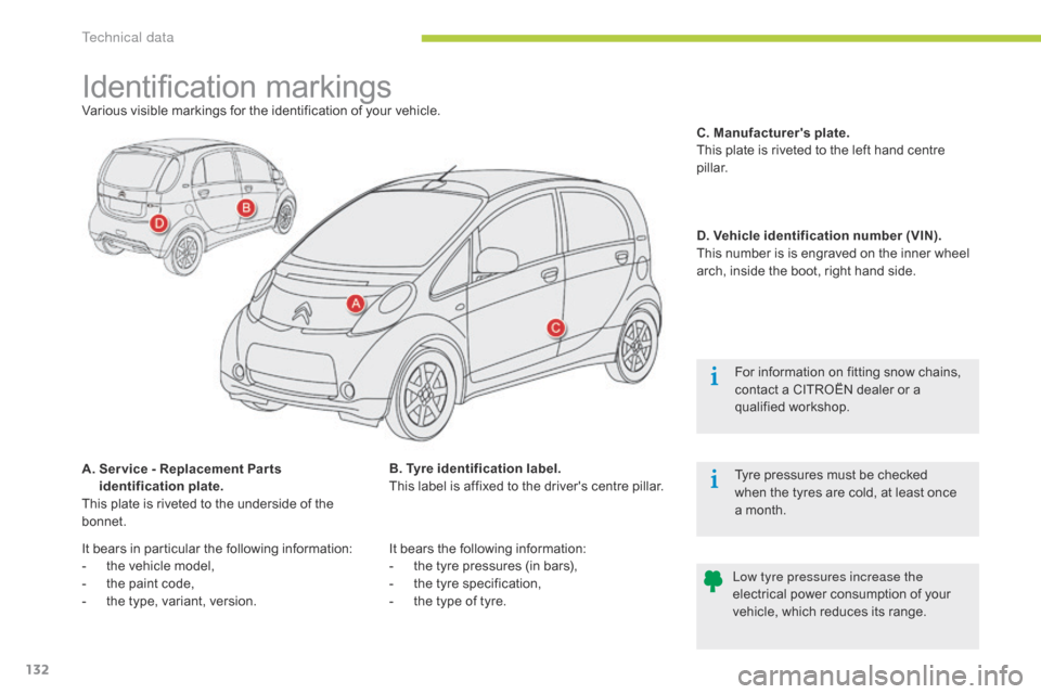 Citroen C ZERO 2014.5 1.G Owners Manual 132
Identification markingsVarious visible markings for the identification of your vehicle.
A.  
S
 er vice - Replacement Par ts 
identification plate.
This plate is riveted to the underside of the 
b