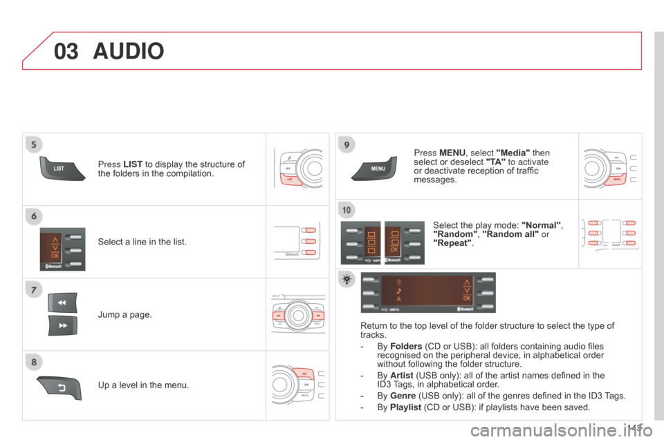 Citroen C ZERO 2014.5 1.G Owners Manual 03
143
Select a line in the list.
Jump a page.
Press MENU, select "Media" then 
select or deselect 
"TA" to activate 
or deactivate reception of traffic 
messages.
Up a level in the menu.
AUDIO
Return