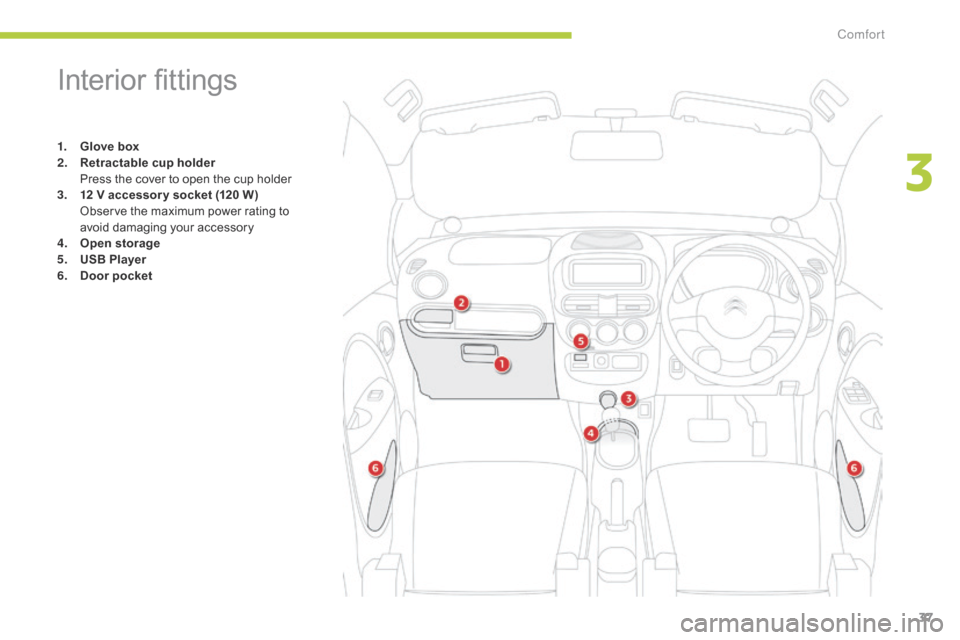 Citroen C ZERO 2014.5 1.G Owners Guide 37
Interior fittings
1. Glove box
2. Retractable cup holder 
 P

ress the cover to open the cup holder
3.
 1 2 V a

ccessor y socket (120 W) 
 O

bserve the maximum power rating to 
avoid damaging you