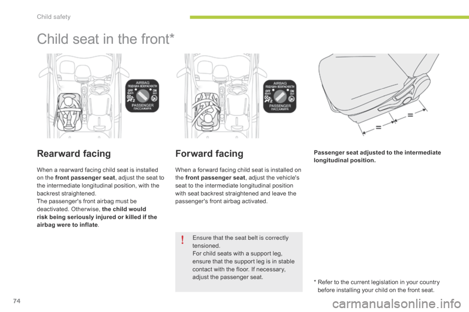 Citroen C ZERO 2014.5 1.G Owners Manual 74
Child seat in the front*
Rearward facing
When a rear ward facing child seat is installed 
on the front passenger seat, adjust the seat to 
the intermediate longitudinal position, with the 
backrest