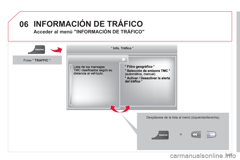 CITROEN BERLINGO MULTISPACE 2013  Manuales de Empleo (in Spanish) 9.23
06  INFORMACIÓN DE TRÁFICO 
 
 
Acceder al menú "INFORMACIÓN DE TRÁFICO"
 
 
Desplácese de la lista al menú (izquierda/derecha).
   """""""oácoInfo. Tr áﬁ coInfo. Tr·ﬁcoInfo. Trá