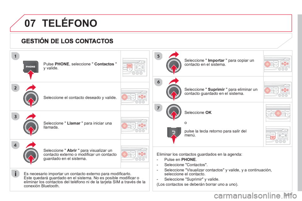 CITROEN BERLINGO MULTISPACE 2013 Manuales de Empleo (in Spanish) 9.31
07
Pulse PHONE
, seleccione " Contactos
" y valide.
Seleccione el contacto deseado
y valide.
Seleccione " Importar " para copiar unrcontacto en el sistema.
Seleccione " Llamar
" para CITROEN BERLINGO MULTISPACE 2013 Manuales de Empleo (in Spanish) 9.31
07
Pulse PHONE
, seleccione " Contactos
" y valide.
Seleccione el contacto deseado
y valide.
Seleccione " Importar " para copiar unrcontacto en el sistema.
Seleccione " Llamar
" para