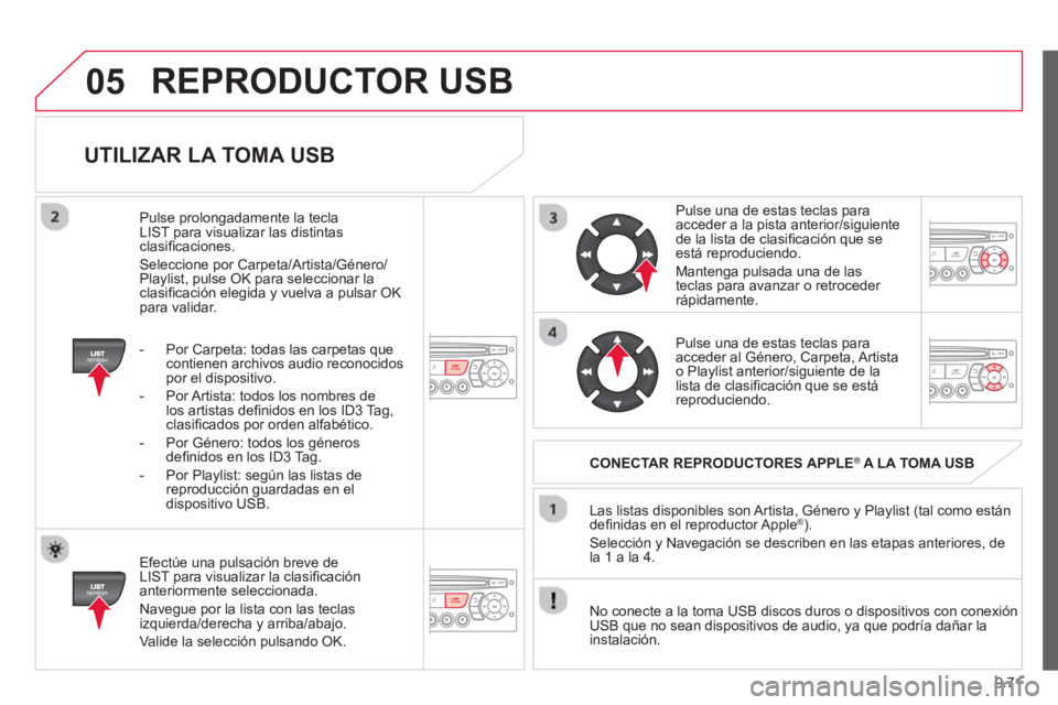 CITROEN BERLINGO MULTISPACE 2013  Manuales de Empleo (in Spanish) 9.71
05
UTILIZAR LA TOMA USB 
   
Efectúe una pulsación breve de
LIST para visualizar la clasiﬁ caciÛn anteriormente seleccionada.
  Nave
gue por la lista con las teclas 
izquierda/derecha y arri