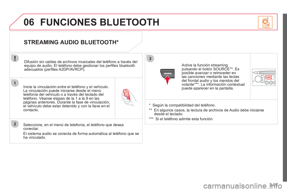 CITROEN BERLINGO MULTISPACE 2013  Manuales de Empleo (in Spanish) 9.75
06
   
Inicie la vinculación entre el teléfono y el vehículo. 
La vinculación puede iniciarse desde el menú 
t
elefonía del vehículo o a través del teclado del
teléfono. Véanse etapas d