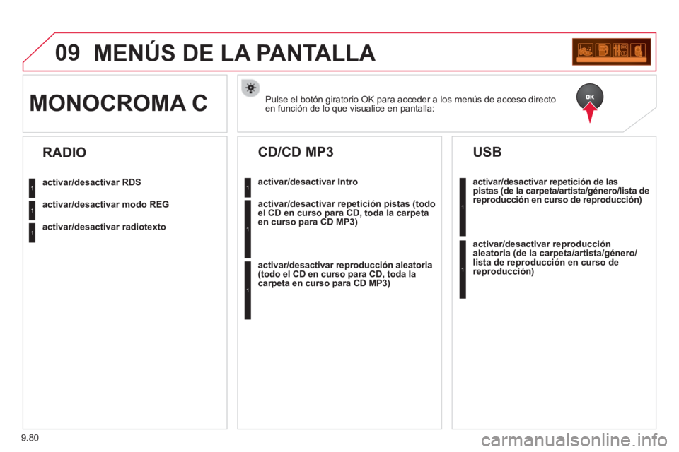 CITROEN BERLINGO MULTISPACE 2013 Manuales de Empleo (in Spanish) 9.80
09MENÚS DE LA PANTALLA
Pulse el botón giratorio OK para acceder a los menús de acceso directo en función de lo que visualice en pantalla:MONOCROMA C
activar/desactivar RDS
activar/desacti CITROEN BERLINGO MULTISPACE 2013 Manuales de Empleo (in Spanish) 9.80
09MENÚS DE LA PANTALLA
Pulse el botón giratorio OK para acceder a los menús de acceso directo en función de lo que visualice en pantalla:MONOCROMA C
activar/desactivar RDS
activar/desacti