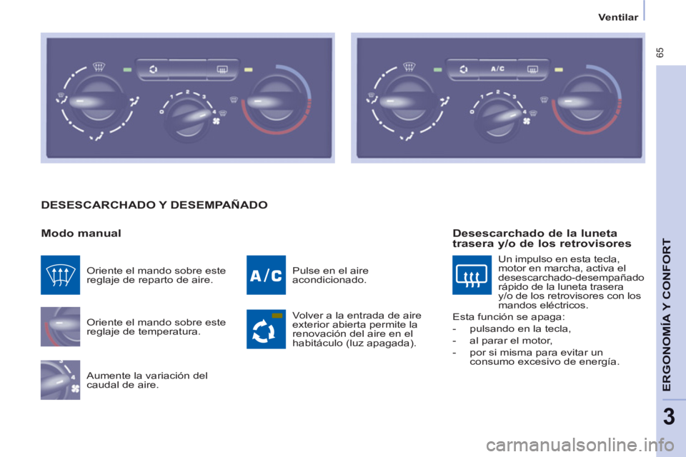 CITROEN BERLINGO MULTISPACE 2013  Manuales de Empleo (in Spanish)  65
ERGONOMÍA
Y C
A
ONFOR
T
3
Ventilar
  DESESCARCHADO Y DESEMPAÑADO
   
Modo manual 
 
Oriente el mando sobre este 
reglaje de temperatura. 
  Aumente la variación del 
caudal de aire.   Pulse en 