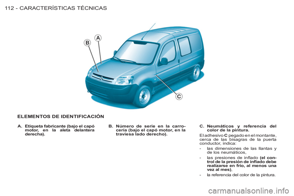 CITROEN BERLINGO FIRST 2011 Manuales de Empleo (in Spanish) CARACTERÍSTICAS TÉCNICAS
11 2 -
ELEMENTOS DE IDENTIFICACIÓN
B.
Número de serie en la carro-
cería (bajo el capó motor, en la
traviesa lado derecho).
C.
Neumáticos y referencia CITROEN BERLINGO FIRST 2011 Manuales de Empleo (in Spanish) CARACTERÍSTICAS TÉCNICAS
11 2 -
ELEMENTOS DE IDENTIFICACIÓN
B.
Número de serie en la carro-
cería (bajo el capó motor, en la
traviesa lado derecho).
C.
Neumáticos y referencia