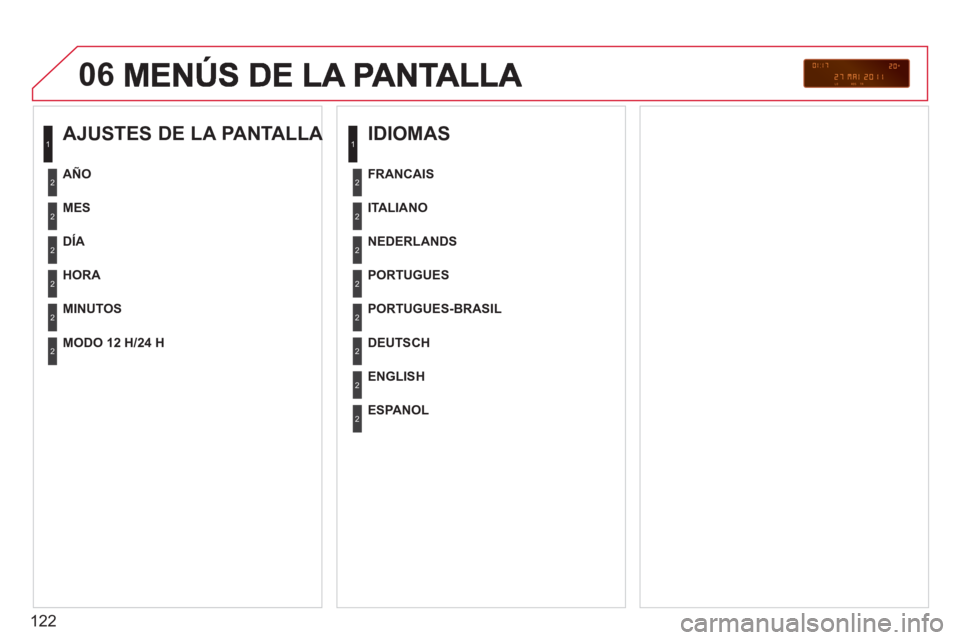 CITROEN BERLINGO FIRST 2011  Manuales de Empleo (in Spanish) 122
06
   
AJUSTES DE LA PANTALLA 
 
 
MES  
   
DÍA  
   
HOR
A 
 
   
MINUTOS      
AÑO  
   
MODO 12 H/24 H  
 
 
 
IDIOMAS 
 
 
ITALIANO  
   
NEDERLANDS  
   
PORTUGUES  
   
PORTUGUES-BRASIL  