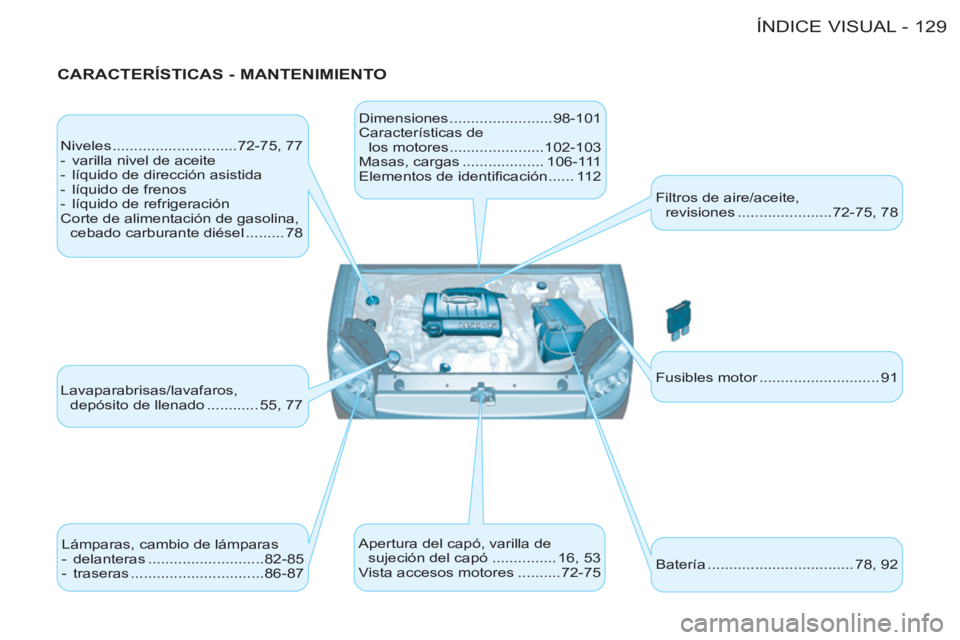 CITROEN BERLINGO FIRST 2011  Manuales de Empleo (in Spanish) 129 ÍNDICE VISUAL-
   
CARACTERÍSTICAS - MANTENIMIENTO 
 
Niveles .............................72-75,  77 
   
 
-   varilla nivel de aceite 
   
-   líquido de dirección asistida 
   
-   líquid