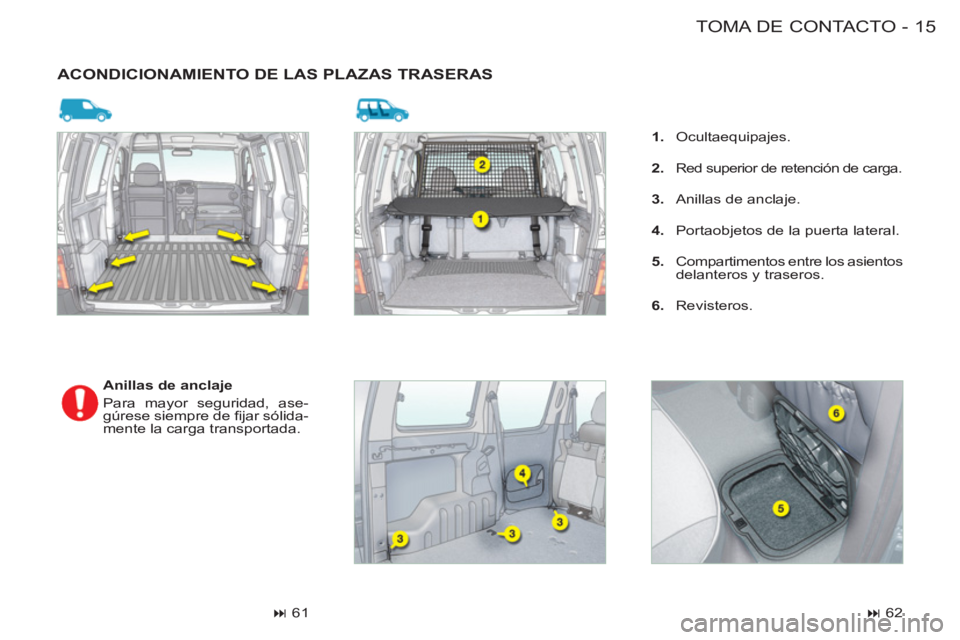 CITROEN BERLINGO FIRST 2011  Manuales de Empleo (in Spanish) 15 TOMA DE CONTACTO-
  ACONDICIONAMIENTO DE LAS PLAZAS TRASERAS 
 
 
 
Anillas de anclaje 
  Para mayor seguridad, ase-
gúrese siempre de ﬁ jar sólida-
mente la carga transportada. 
   
 
� 
 61 