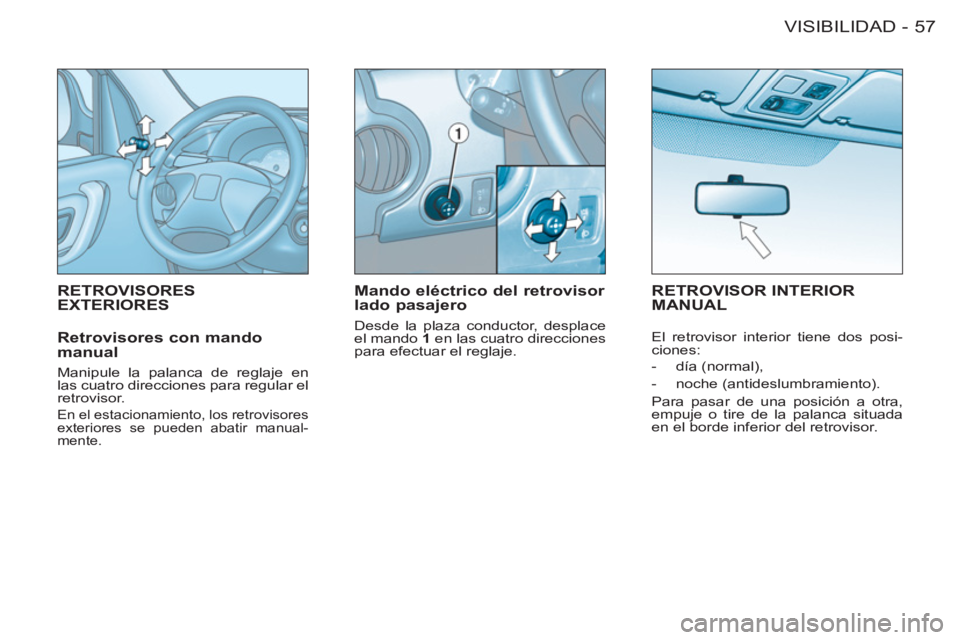 CITROEN BERLINGO FIRST 2011  Manuales de Empleo (in Spanish) 57VISIBILIDAD-
RETROVISORES EXTERIORES    
Mando eléctrico del retrovisor 
lado pasajero 
  Desde la plaza conductor, desplace 
el mando  1 
 en las cuatro direcciones 
para efectuar el reglaje.  
RE