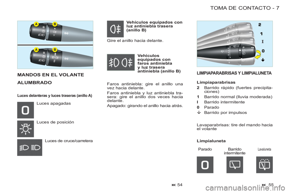CITROEN BERLINGO FIRST 2011  Manuales de Empleo (in Spanish) 7 TOMA DE CONTACTO-
LIMPIAPARABRISAS Y LIMPIALUNETA   
MANDOS EN EL VOLANTE
  ALUMBRADO  
 
Faros antiniebla: gire el anillo una 
vez hacia delante. 
  Faros antiniebla y luz antiniebla tra-
sera: gir