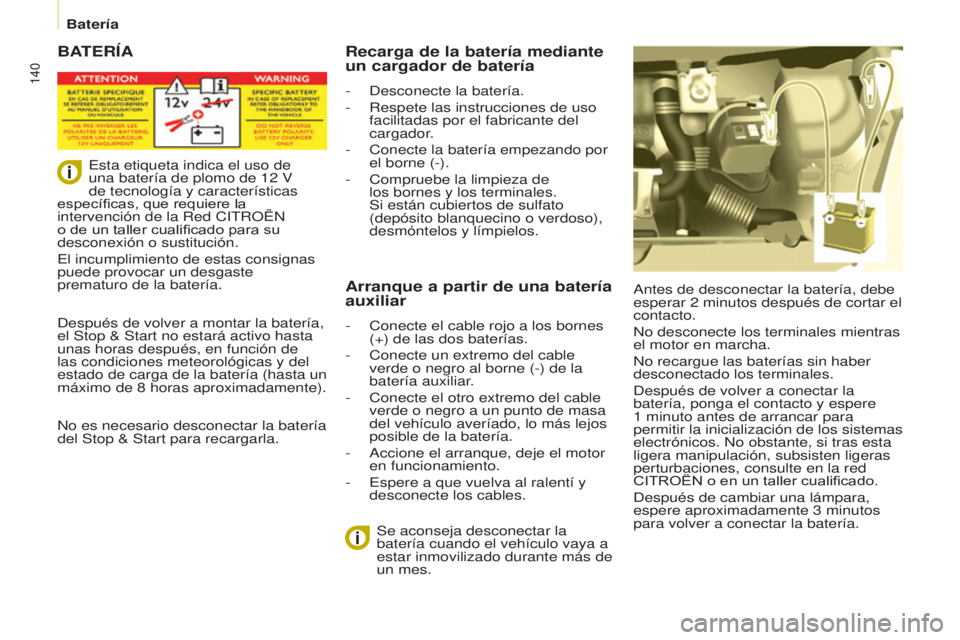 CITROEN BERLINGO ELECTRIC 2017 Manuales de Empleo (in Spanish) 140
Berlingo-2-Vu_es_chap08_aide rapide_ed01-2015
BATERÍA
antes de desconectar la batería, debe
esperar 2 minutos después de cortar el
contacto.
n
o desconecte los terminales mientras
el moto CITROEN BERLINGO ELECTRIC 2017 Manuales de Empleo (in Spanish) 140
Berlingo-2-Vu_es_chap08_aide rapide_ed01-2015
BATERÍA
antes de desconectar la batería, debe
esperar 2 minutos después de cortar el
contacto.
n
o desconecte los terminales mientras
el moto