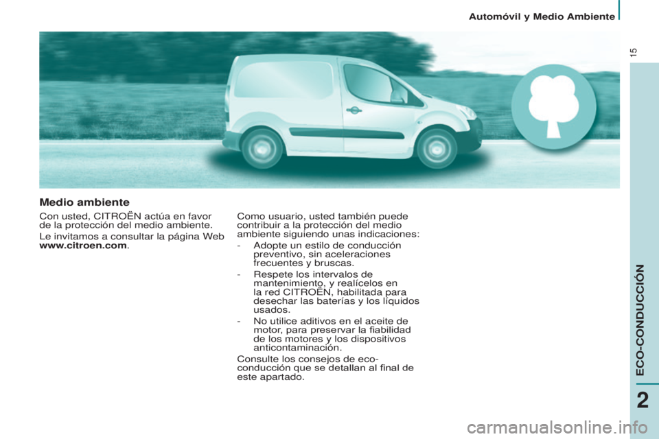 CITROEN BERLINGO ELECTRIC 2017  Manuales de Empleo (in Spanish) 15
Medio ambiente
con usted, citROËn actúa en favor 
de la protección del medio ambiente.
l

e invitamos a consultar la página Web 
www.citroen.com.c omo usuario, usted también puede 
contribuir 