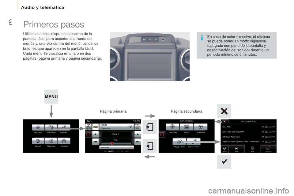 CITROEN BERLINGO ELECTRIC 2017 Manuales de Empleo (in Spanish) 170
Berlingo-2-Vu_es_ chap10a_SMe Gplus_ed01-2015
Primeros pasos
utilice las teclas dispuestas encima de la
pantalla táctil para acceder a la rueda de
menús y, una vez dentro del menú, utilice lo CITROEN BERLINGO ELECTRIC 2017 Manuales de Empleo (in Spanish) 170
Berlingo-2-Vu_es_ chap10a_SMe Gplus_ed01-2015
Primeros pasos
utilice las teclas dispuestas encima de la
pantalla táctil para acceder a la rueda de
menús y, una vez dentro del menú, utilice lo