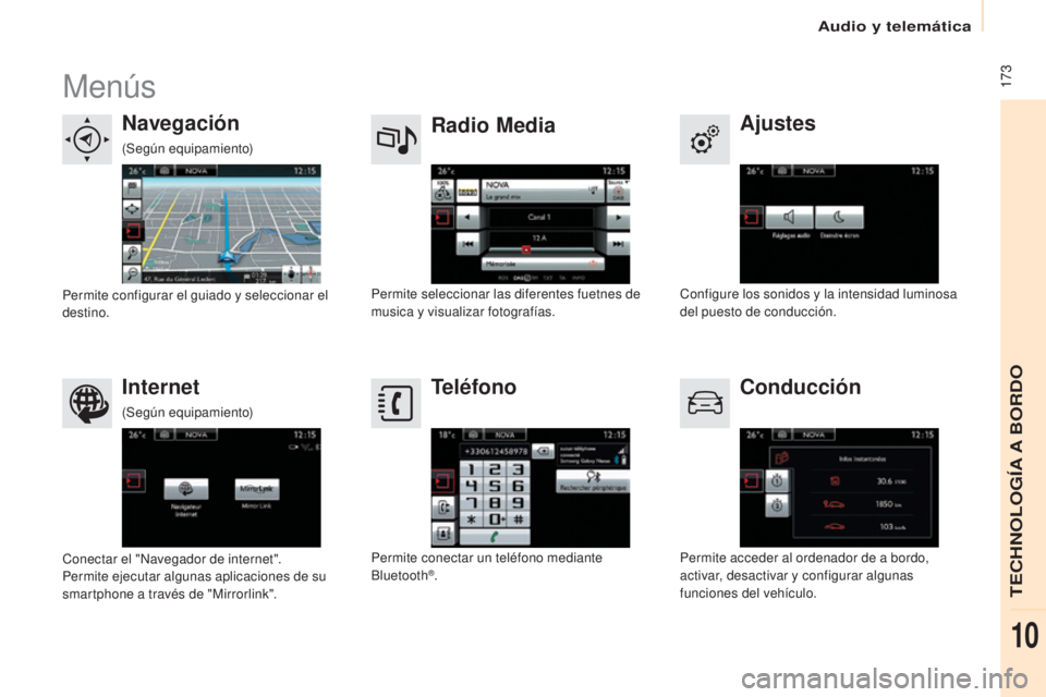 CITROEN BERLINGO ELECTRIC 2017  Manuales de Empleo (in Spanish)  173
Berlingo-2-Vu_es_ chap10a_SMe Gplus_ed01-2015
Menús
Ajustes
Radio Media
Navegación
Conducción
Internet Teléfono
configure los sonidos y la intensidad luminosa 
del puesto de conducción.
Perm