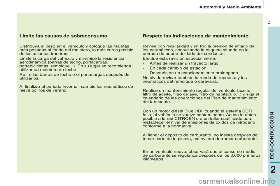 CITROEN BERLINGO ELECTRIC 2017 Manuales de Empleo (in Spanish) 17
Limite las causas de sobreconsumo
distribuya el peso en el vehículo y coloque las maletas
más pesadas al fondo del maletero, lo más cerca posible
de los asientos traseros.
l
imite la carga de CITROEN BERLINGO ELECTRIC 2017 Manuales de Empleo (in Spanish) 17
Limite las causas de sobreconsumo
distribuya el peso en el vehículo y coloque las maletas
más pesadas al fondo del maletero, lo más cerca posible
de los asientos traseros.
l
imite la carga de
