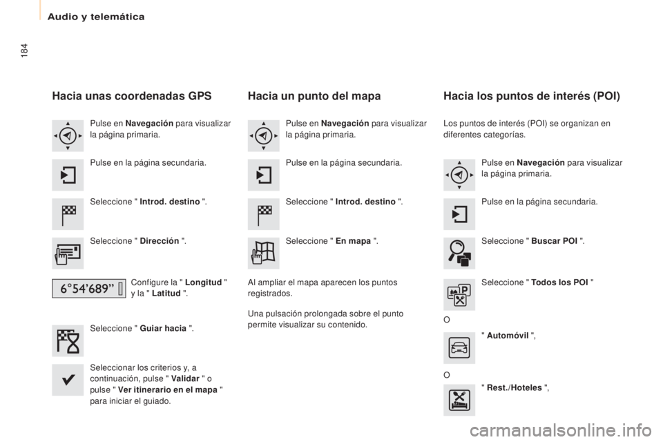 CITROEN BERLINGO ELECTRIC 2017 Manuales de Empleo (in Spanish) 184
Berlingo-2-Vu_es_ chap10a_SMe Gplus_ed01-2015
Hacia unas coordenadas GPS
Seleccione " Introd. destino ".
Seleccione " Dirección ".
co
nfigure la " Longitud "
y la CITROEN BERLINGO ELECTRIC 2017 Manuales de Empleo (in Spanish) 184
Berlingo-2-Vu_es_ chap10a_SMe Gplus_ed01-2015
Hacia unas coordenadas GPS
Seleccione " Introd. destino ".
Seleccione " Dirección ".
co
nfigure la " Longitud "
y la
