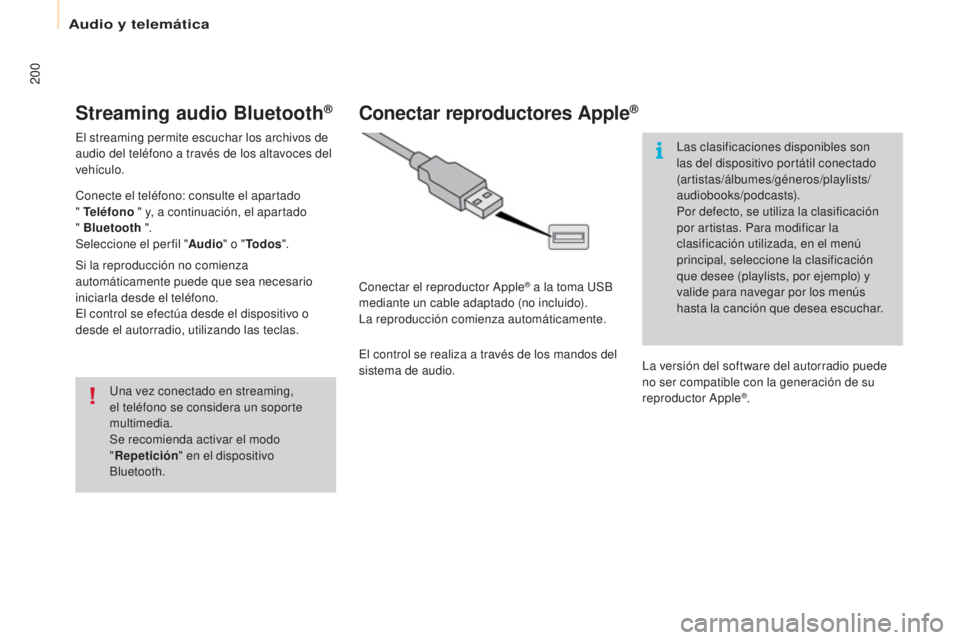 CITROEN BERLINGO ELECTRIC 2017 Manuales de Empleo (in Spanish) 200
Berlingo-2-Vu_es_ chap10a_SMe Gplus_ed01-2015
Streaming audio Bluetooth®
el streaming permite escuchar los archivos de
audio del teléfono a través de los altavoces del
vehículo.
con
ecte el CITROEN BERLINGO ELECTRIC 2017 Manuales de Empleo (in Spanish) 200
Berlingo-2-Vu_es_ chap10a_SMe Gplus_ed01-2015
Streaming audio Bluetooth®
el streaming permite escuchar los archivos de
audio del teléfono a través de los altavoces del
vehículo.
con
ecte el