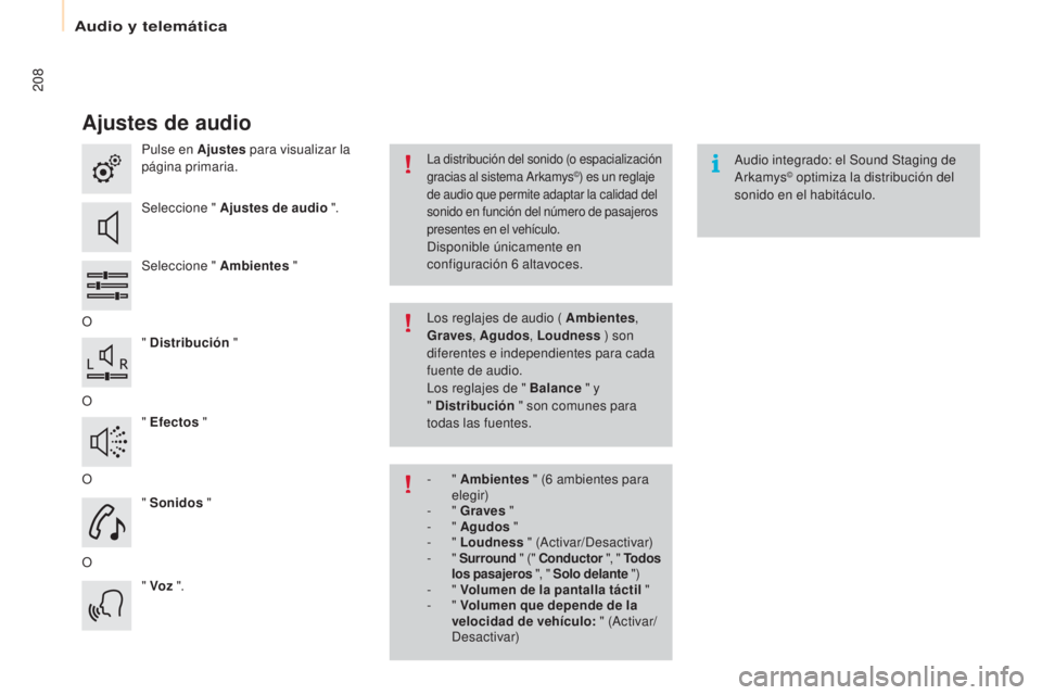 CITROEN BERLINGO ELECTRIC 2017 Manuales de Empleo (in Spanish) 208
Berlingo-2-Vu_es_ chap10a_SMe Gplus_ed01-2015
Ajustes de audio
Pulse en Ajustes para visualizar la
página primaria.
Seleccione " Ajustes de audio ".
Seleccione " Ambientes "
O CITROEN BERLINGO ELECTRIC 2017 Manuales de Empleo (in Spanish) 208
Berlingo-2-Vu_es_ chap10a_SMe Gplus_ed01-2015
Ajustes de audio
Pulse en Ajustes para visualizar la
página primaria.
Seleccione " Ajustes de audio ".
Seleccione " Ambientes "
O