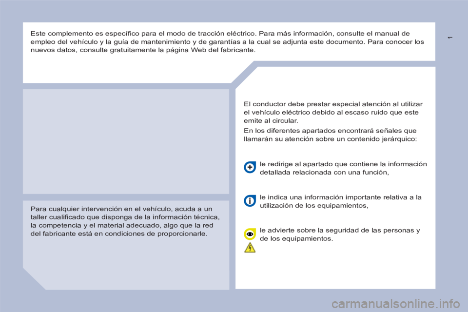 CITROEN BERLINGO ELECTRIC 2017 Manuales de Empleo (in Spanish) 1
Este complemento es específi co para el modo de tracción eléctrico. Para más información, consulte el manual de
empleo del vehículo y la guía de mantenimiento y de garantías a la cua CITROEN BERLINGO ELECTRIC 2017 Manuales de Empleo (in Spanish) 1
Este complemento es específi co para el modo de tracción eléctrico. Para más información, consulte el manual de
empleo del vehículo y la guía de mantenimiento y de garantías a la cua