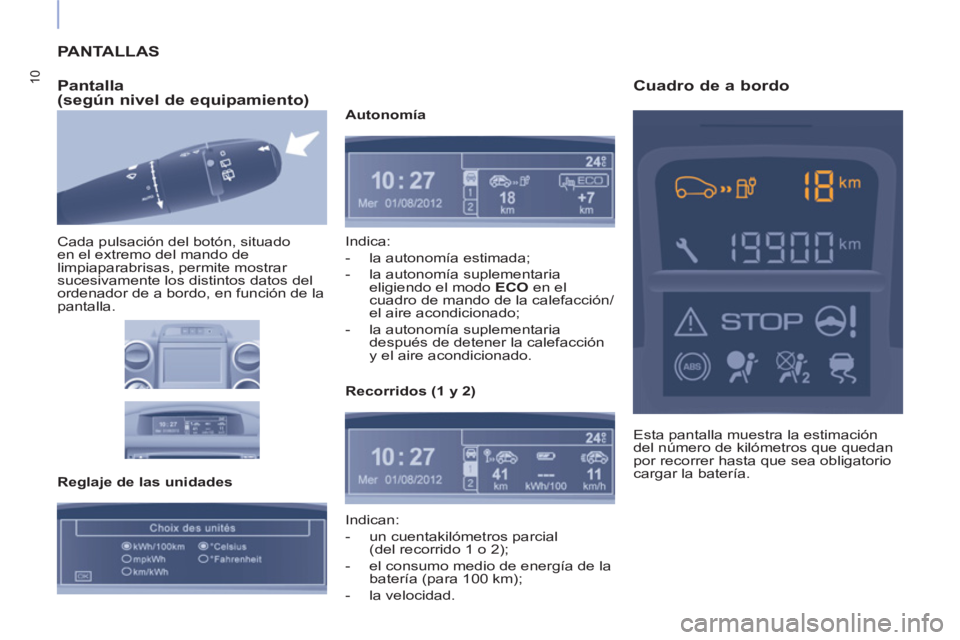 CITROEN BERLINGO ELECTRIC 2017 Manuales de Empleo (in Spanish) 10
PANTALLAS
Pantalla
(según nivel de equipamiento)
Cada pulsación del botón, situado
en el extremo del mando de
limpiaparabrisas, permite mostrar
sucesivamente los distintos datos de CITROEN BERLINGO ELECTRIC 2017 Manuales de Empleo (in Spanish) 10
PANTALLAS
Pantalla
(según nivel de equipamiento)
Cada pulsación del botón, situado
en el extremo del mando de
limpiaparabrisas, permite mostrar
sucesivamente los distintos datos de