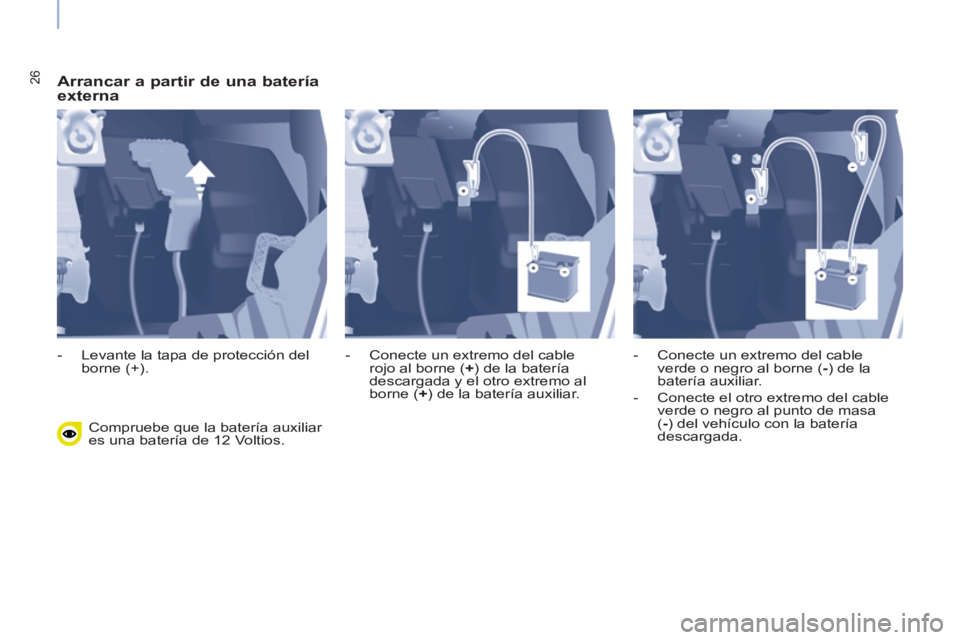 CITROEN BERLINGO ELECTRIC 2017  Manuales de Empleo (in Spanish) 26   
Arrancar a partir de una batería 
externa 
  Compruebe que la batería auxiliar 
es una batería de 12 Voltios.     
 
-   Levante la tapa de protección del 
borne (+).    
-   Conecte un extr