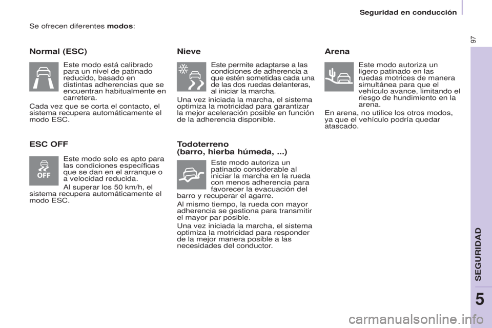 CITROEN BERLINGO ELECTRIC 2017 Manuales de Empleo (in Spanish) 97
BERLINGO-2-VU_ES_CHAP05_SECURITE_ED01-2015
Se ofrecen diferentes modos:
Normal (ESC)
ESC OFFNieve
este permite adaptarse a las
condiciones de adherencia a
que estén sometidas cada una
de las d CITROEN BERLINGO ELECTRIC 2017 Manuales de Empleo (in Spanish) 97
BERLINGO-2-VU_ES_CHAP05_SECURITE_ED01-2015
Se ofrecen diferentes modos:
Normal (ESC)
ESC OFFNieve
este permite adaptarse a las
condiciones de adherencia a
que estén sometidas cada una
de las d