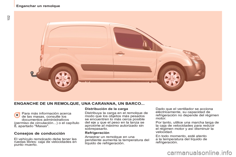CITROEN BERLINGO ELECTRIC 2015  Manuales de Empleo (in Spanish) 102
   
 
Enganchar un remolque  
 
  Para más información acerca 
de las masas, consulte los 
documentos administrativos 
(permiso de circulación...) o el capítulo 
8, apartado "Masas". 
  ENGANC