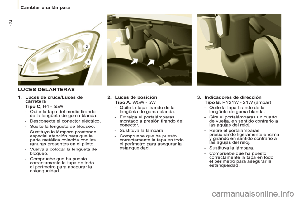 CITROEN BERLINGO ELECTRIC 2015  Manuales de Empleo (in Spanish)    
 
Cambiar una lámpara  
 
124
 
 
3. 
  Indicadores de dirección 
   
   Tipo B 
, PY21W - 21W (ámbar) 
   
 
-   Quite la tapa tirando de la 
lengüeta de goma blanda. 
   
-   Gire el portal